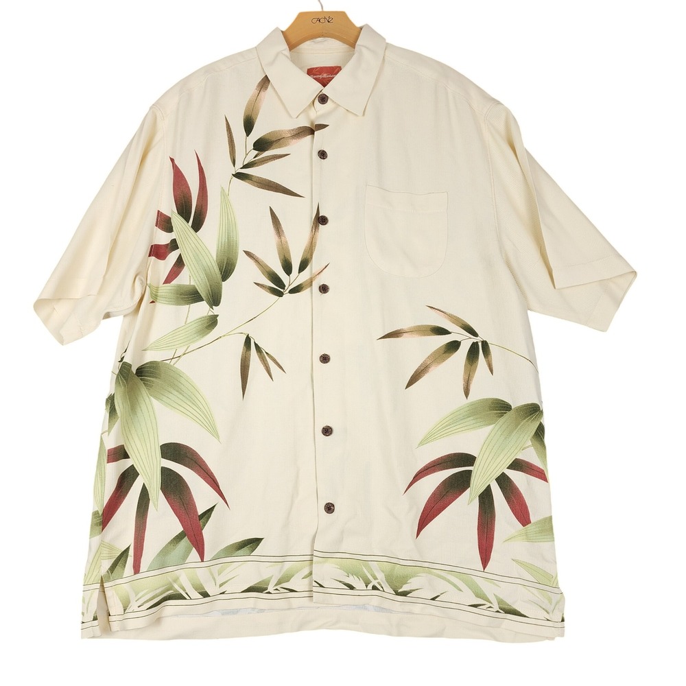 Tommy Bahama Mens Large 100% Silk Bamboo Leaf Print Camp Shirt Cream 121-T34284